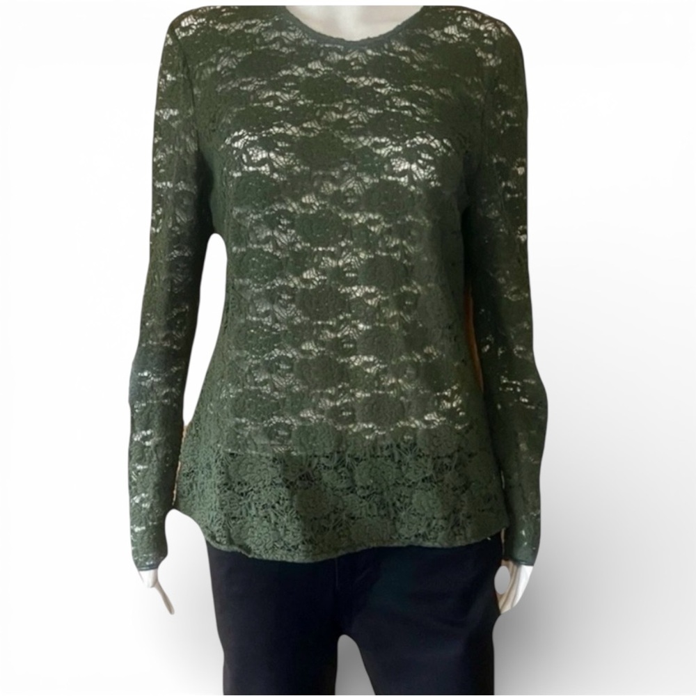 Juicy Couture Green Lace Fitted Long Sleeve Blouse with Faux Leather Details